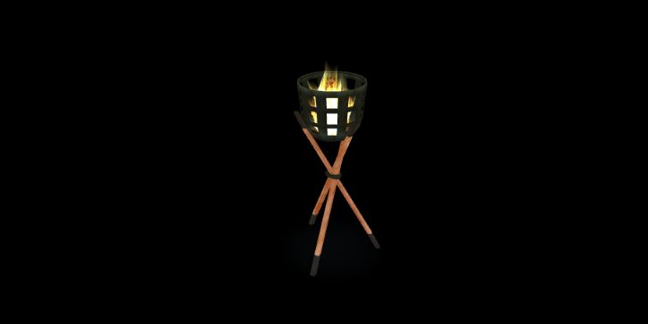 A native Torch Stand, an iron brazier on crossed timber.