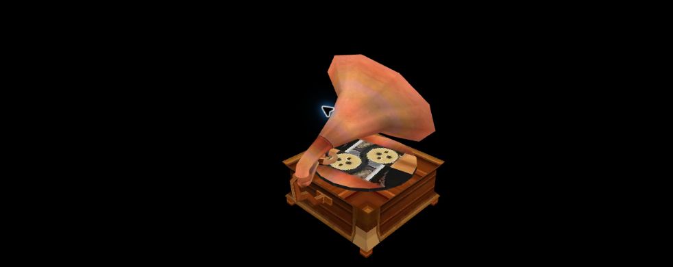 Native gramophone with a copper-colored horn and wood cabinet.