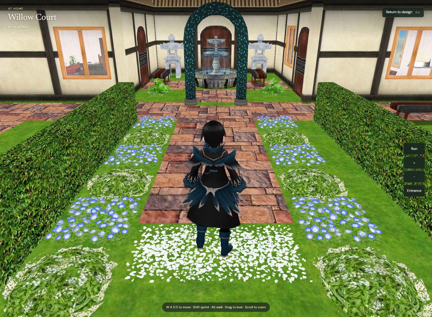 The previous Willow Court arrival, with a teal arch, fountain, stone lanterns, repeated flower borders and paving.
