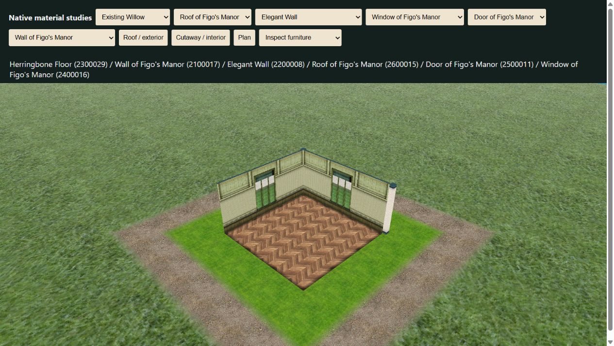 Native cutaway material test with pale sage wall panels, green windows and herringbone flooring.