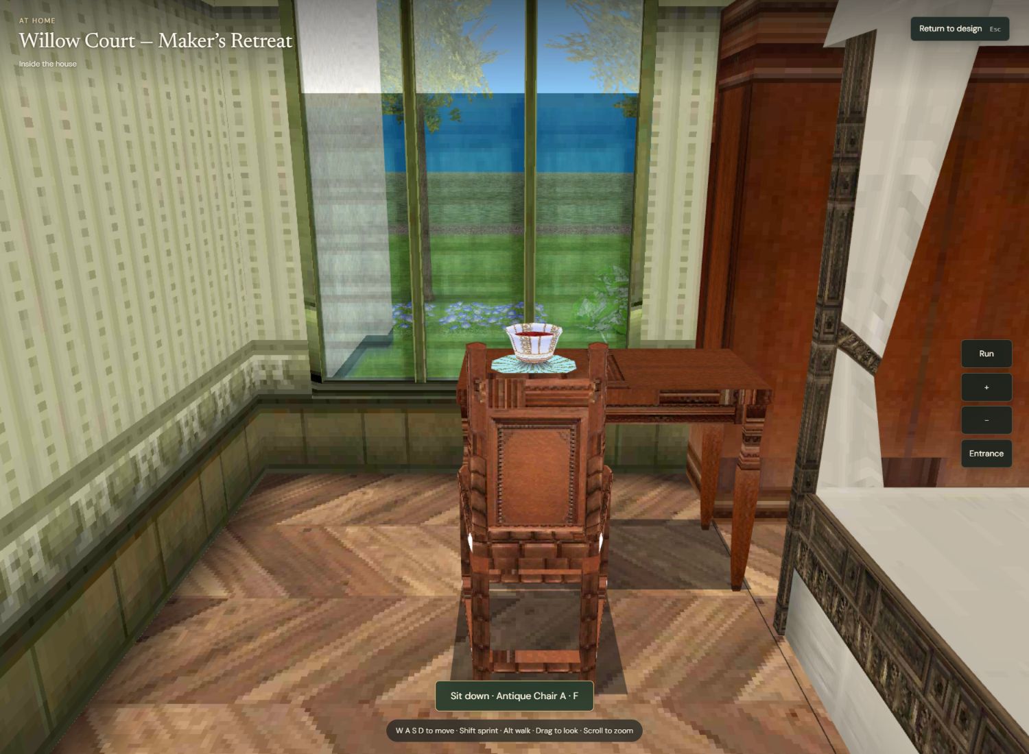 A cup and chair at the bedroom window, looking onto the garden.