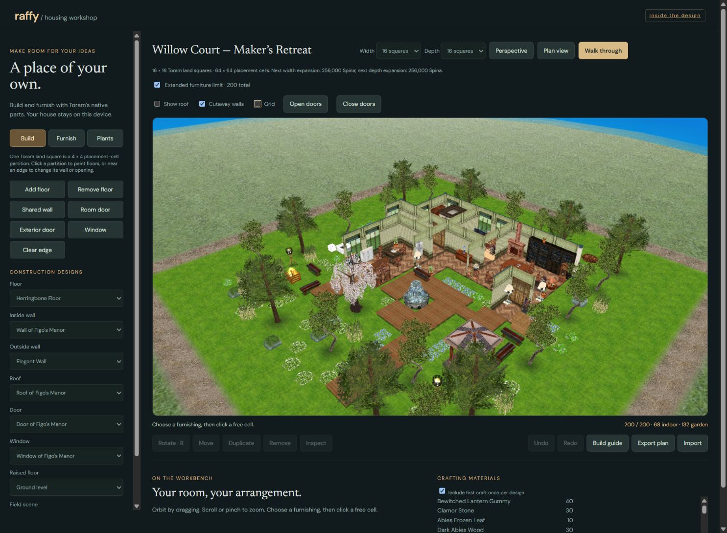 A roofless overview showing the final furnished rooms and garden.