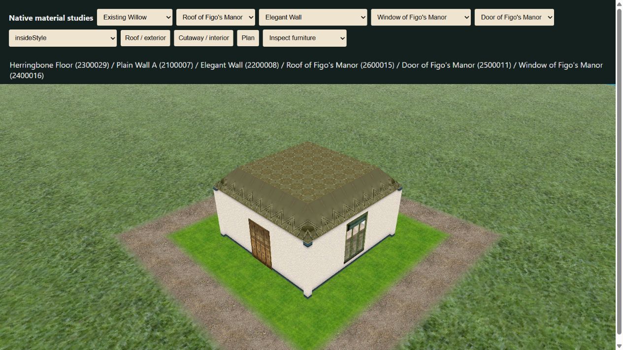Native test shell with ivory exterior walls, an olive Figo roof, green timber window and paneled door.
